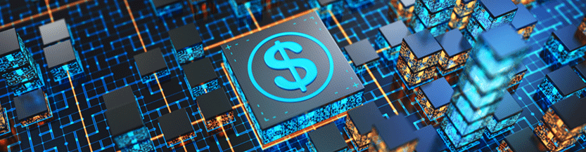 Image of a dollar sign with circuit board look and feel around it